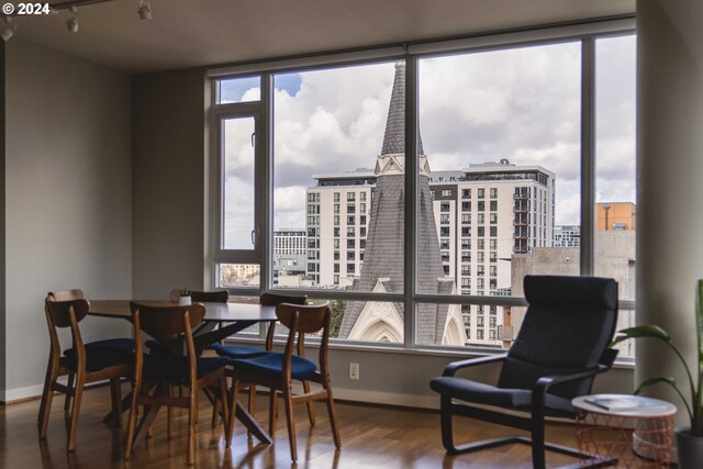 dining space with a view of city, baseboards, and wood finished floors