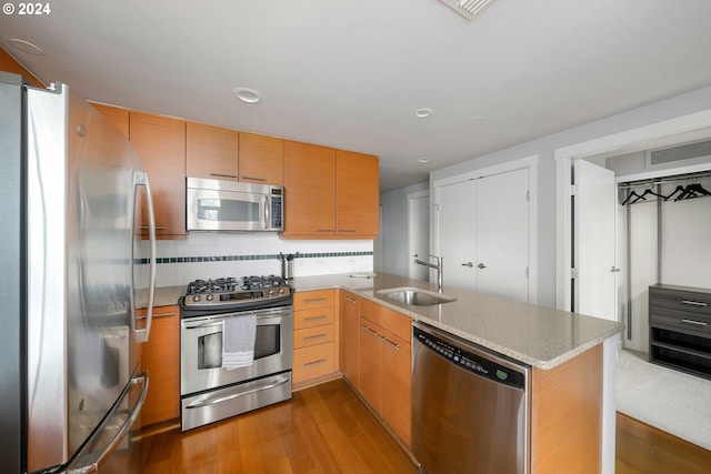 kitchen featuring a peninsula, appliances with stainless steel finishes, a sink, and wood finished floors