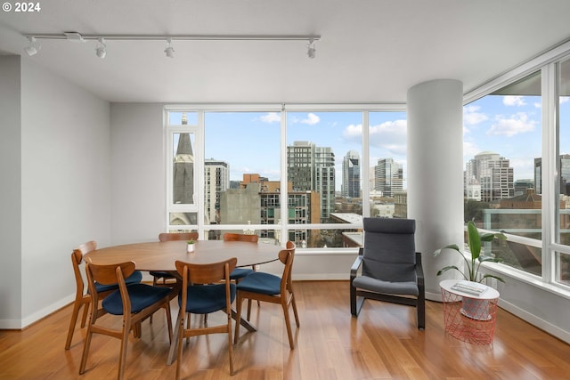 dining area with a healthy amount of sunlight, a city view, and wood finished floors