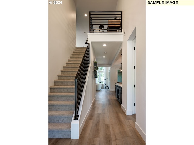 interior space with a high ceiling and wood-type flooring