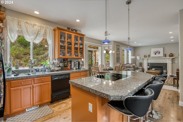 kitchen featuring a wealth of natural light, black appliances, light hardwood / wood-style floors, and sink