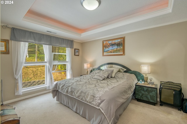 bedroom featuring multiple windows, a raised ceiling, and light carpet