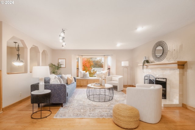 living room with a fireplace and light wood-type flooring