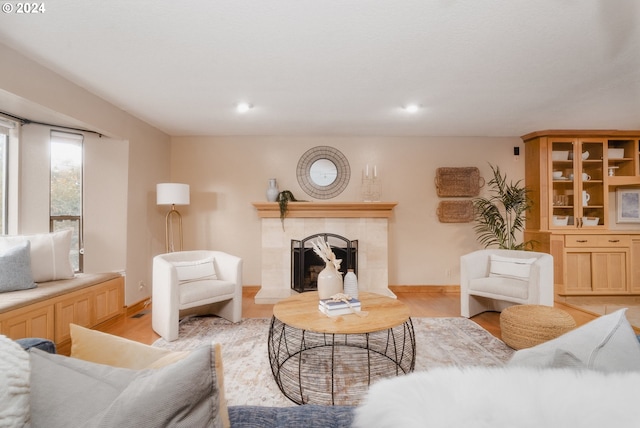 living room with light hardwood / wood-style floors and a tile fireplace