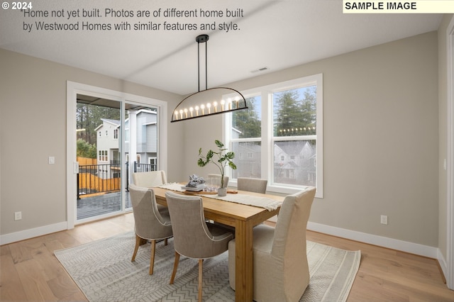 dining room featuring plenty of natural light, an inviting chandelier, and light hardwood / wood-style flooring