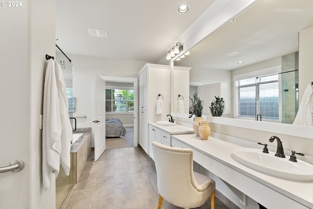 bathroom with tile patterned flooring, walk in shower, plenty of natural light, and vanity