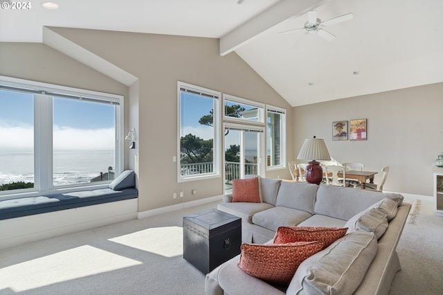 living room with a water view, vaulted ceiling with beams, carpet, and ceiling fan