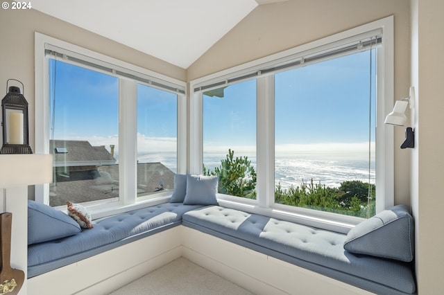 living area featuring lofted ceiling, carpet flooring, and a water view