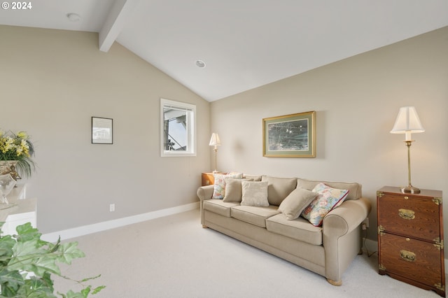 carpeted living room featuring vaulted ceiling with beams