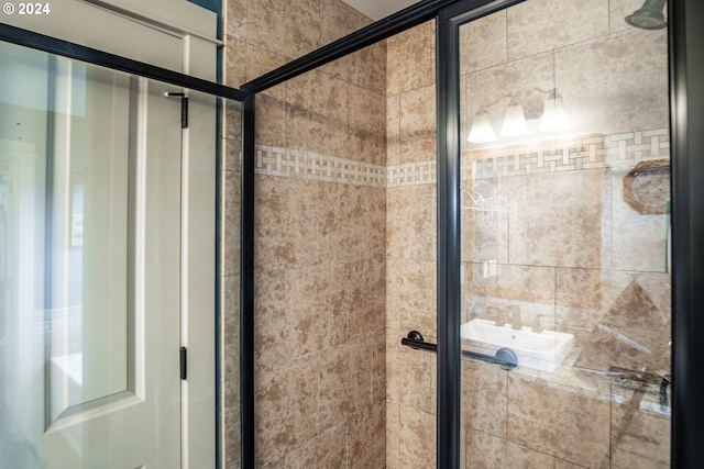 bathroom with a shower with door