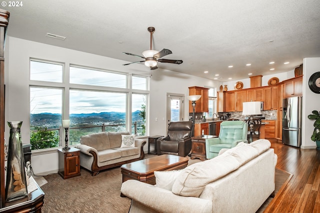 living room featuring ceiling fan, sink, dark wood-type flooring, a mountain view, and a textured ceiling