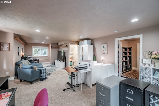 interior space with a textured ceiling and light carpet