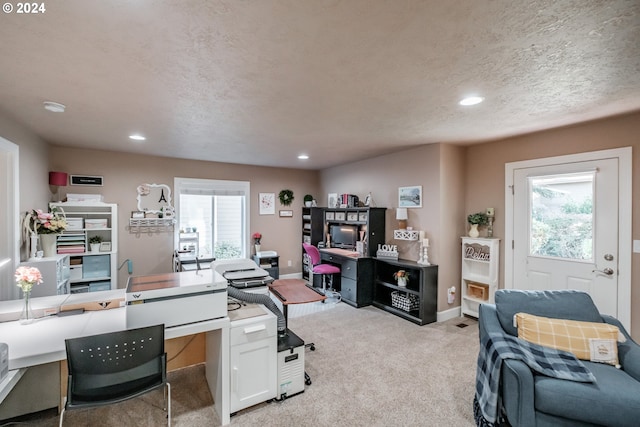 home office featuring plenty of natural light, a textured ceiling, and light colored carpet