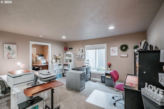 carpeted office featuring a textured ceiling