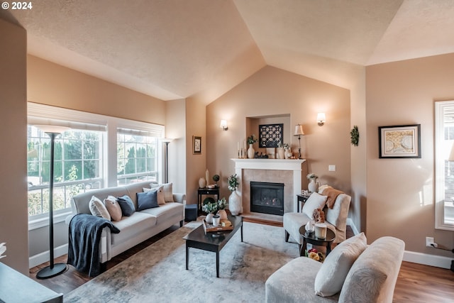 living room featuring a fireplace, hardwood / wood-style flooring, and vaulted ceiling