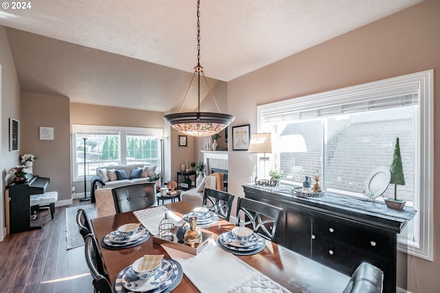 dining space featuring a fireplace and dark hardwood / wood-style flooring