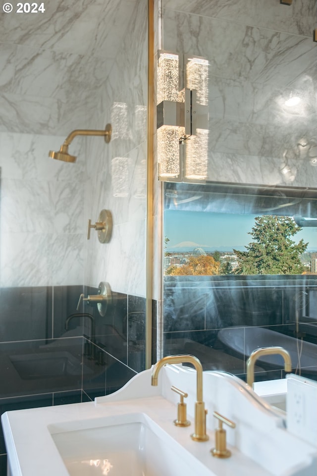 bathroom with a shower and vanity