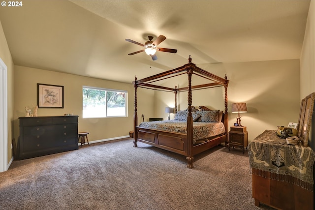 carpeted bedroom featuring ceiling fan and lofted ceiling