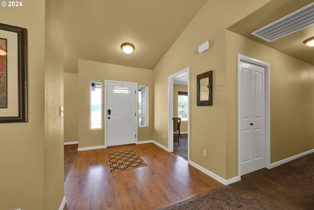 foyer featuring wood-type flooring and lofted ceiling