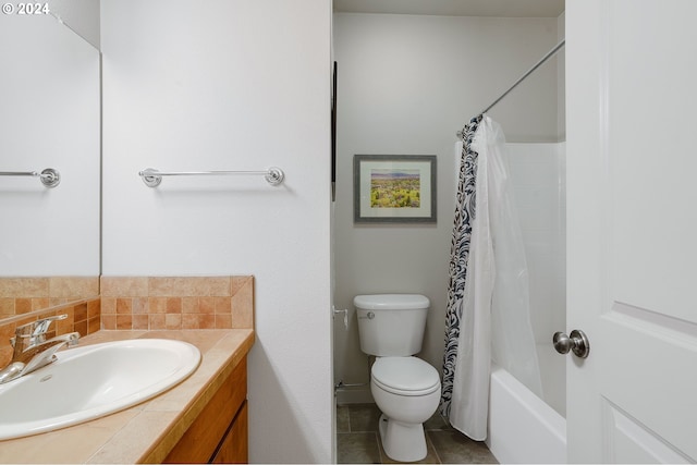 full bathroom with tile patterned flooring, vanity, shower / tub combo with curtain, and toilet