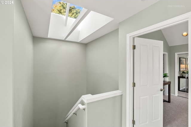 stairway featuring vaulted ceiling with skylight and carpet flooring