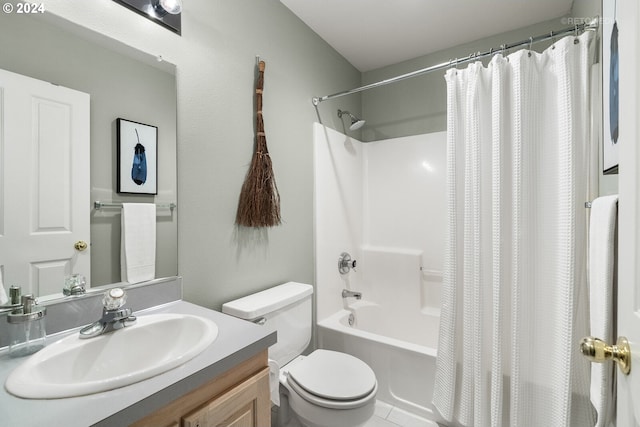 full bathroom featuring vanity, shower / bath combination with curtain, toilet, and tile patterned flooring