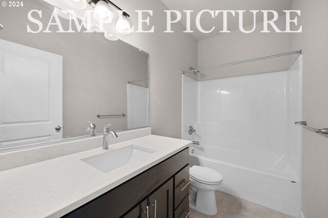 full bathroom featuring shower / bathtub combination, vanity, toilet, and tile floors