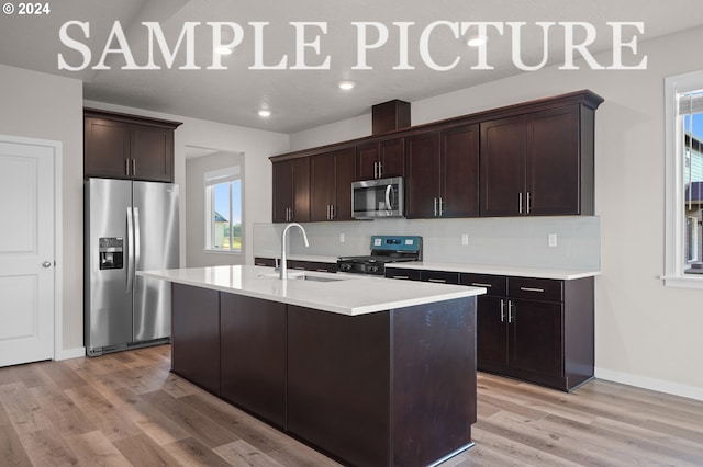 kitchen with light wood-type flooring, stainless steel appliances, a center island with sink, sink, and tasteful backsplash