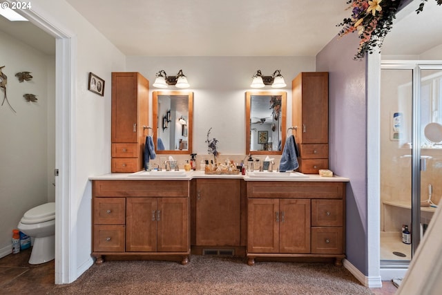 bathroom with vanity, a shower with door, and toilet