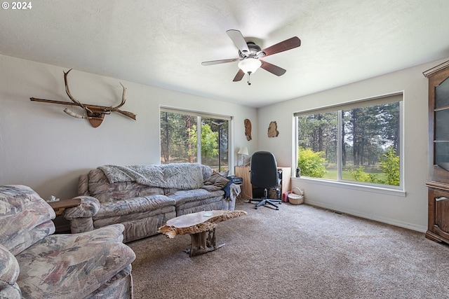 carpeted living room with ceiling fan, a textured ceiling, and a healthy amount of sunlight