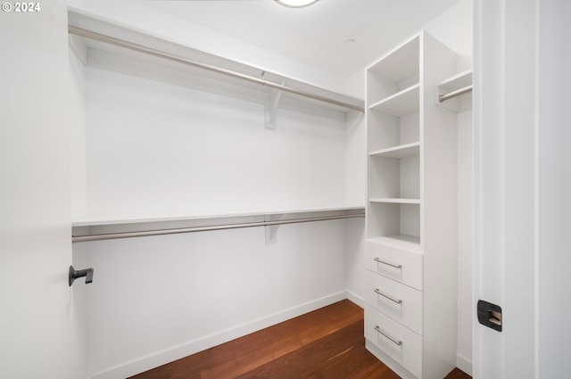 walk in closet with dark wood-type flooring