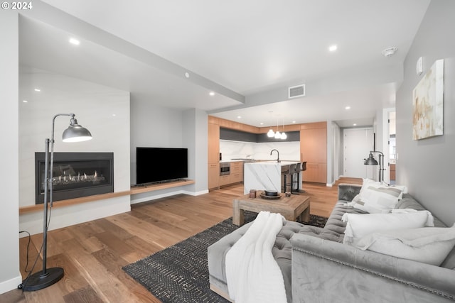 living room with a fireplace, light hardwood / wood-style floors, and sink