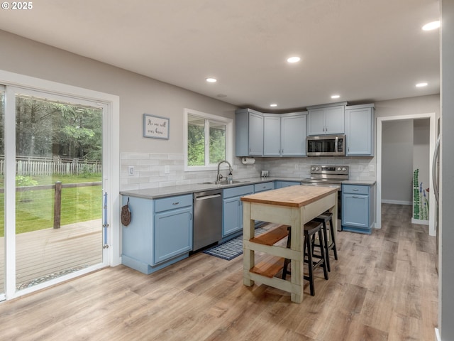 15836 SW Division St, Sherwood, OR 97140 - kitchen with appliances with stainless steel finishes, a sink, decorative backsplash, blue cabinetry, and recessed lighting