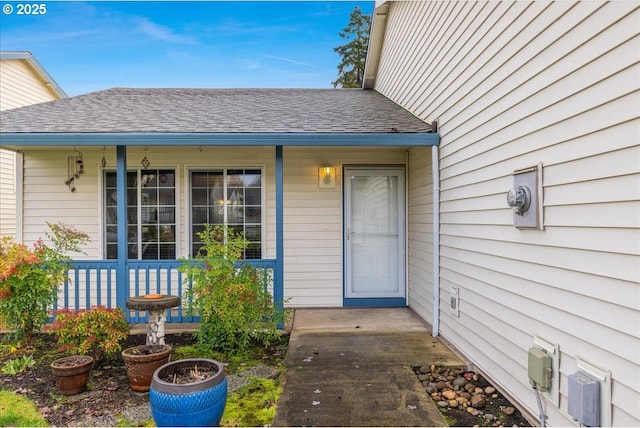 view of exterior entry featuring covered porch