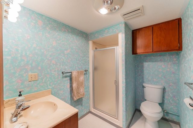 386 Longview Dr, Elkton, OR 97436 - bathroom featuring a shower stall, toilet, wallpapered walls, and vanity