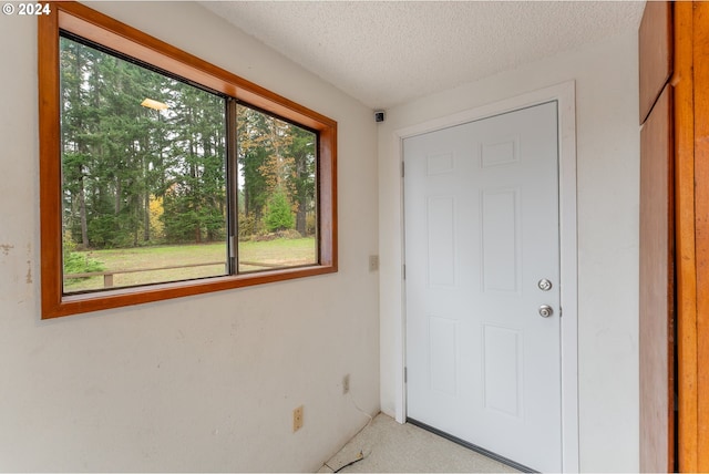 386 Longview Dr, Elkton, OR 97436 - doorway to outside with a textured ceiling and light colored carpet