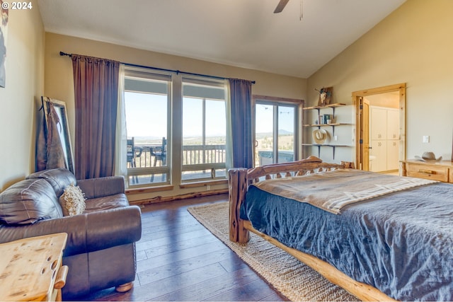 bedroom featuring ceiling fan, dark hardwood / wood-style flooring, lofted ceiling, and access to outside