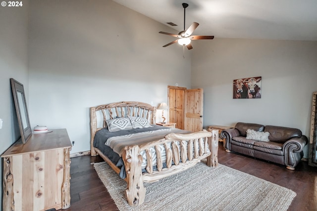 bedroom featuring ceiling fan, dark wood-type flooring, and high vaulted ceiling