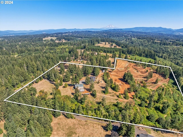 birds eye view of property with a mountain view and a view of trees