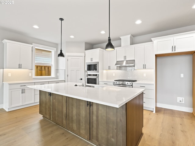 2891 NE Currin Creek Dr, Estacada, OR 97023 - kitchen featuring light wood-style flooring, under cabinet range hood, a sink, white cabinetry, and stainless steel appliances