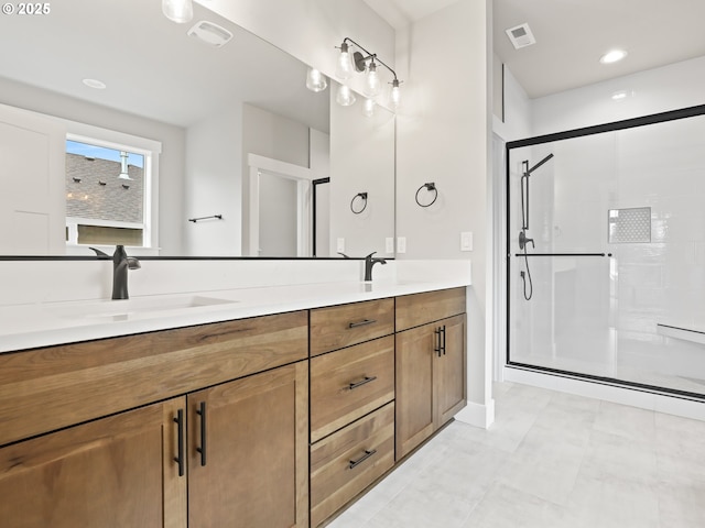 2891 NE Currin Creek Dr, Estacada, OR 97023 - bathroom featuring double vanity, visible vents, a stall shower, and a sink
