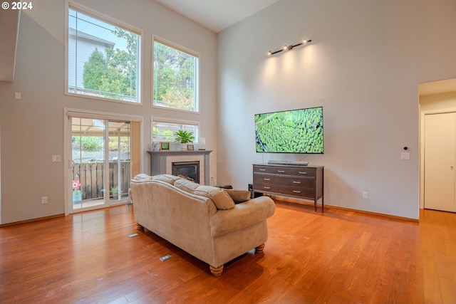 living room with a towering ceiling, light hardwood / wood-style floors, and a healthy amount of sunlight