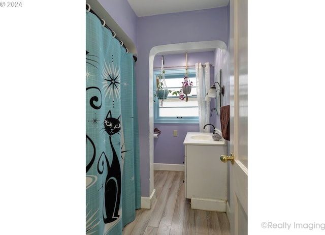 bathroom with vanity and hardwood / wood-style flooring