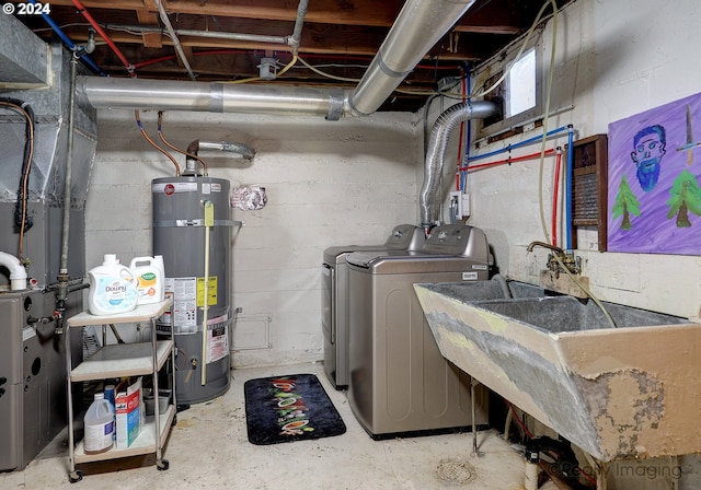 laundry area with strapped water heater and washing machine and clothes dryer