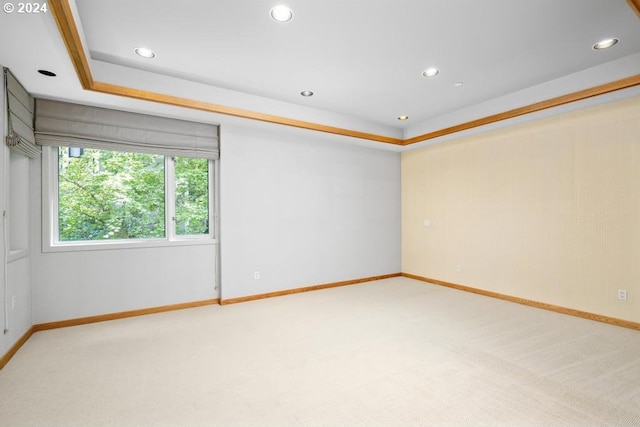 carpeted spare room with a tray ceiling