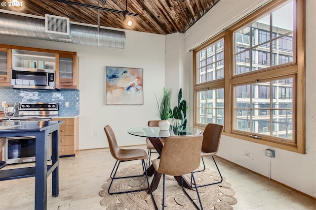 dining area with wood ceiling