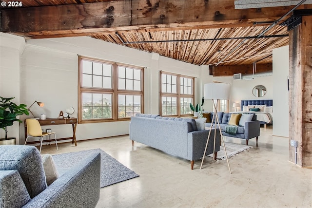 living room featuring wood ceiling