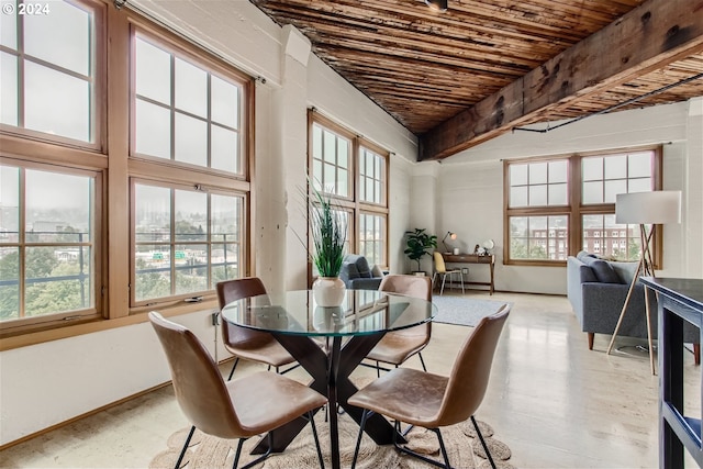 dining space with wood ceiling and beam ceiling