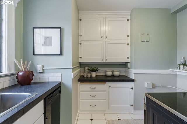 kitchen featuring black dishwasher, electric range, light tile patterned floors, white cabinets, and tasteful backsplash