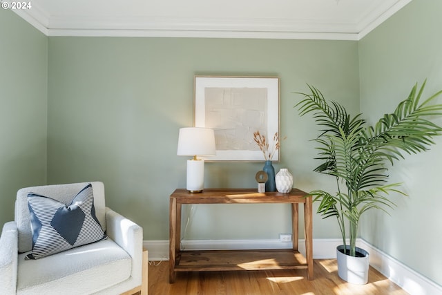 living area featuring hardwood / wood-style flooring and ornamental molding